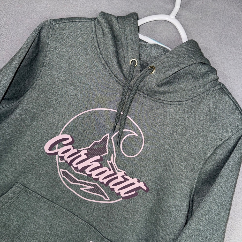 Carhartt Hoodie Womens Small Green Graphic Mountain Relaxed Fit Sweatshirt